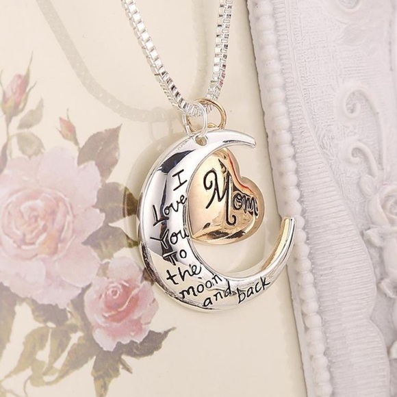 I Love You to the Moon and Back “Mom” Silver and Gold Moon/Heart charm necklace - Picture 5 of 11